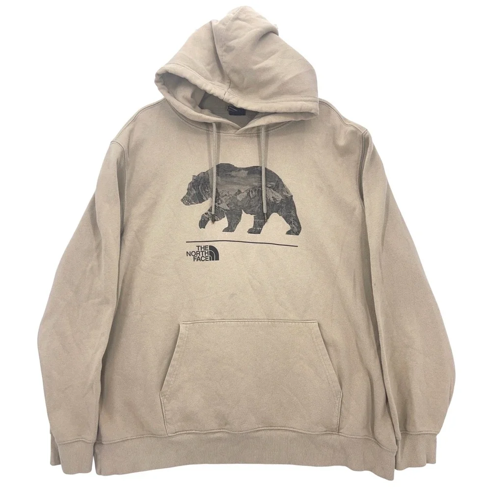 The North Face Tan Graphic Bear Hoodie XXL Mountain Landscape Pullover Mens